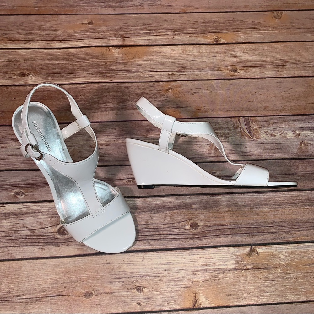Predictions Patent White Wedge Sandals